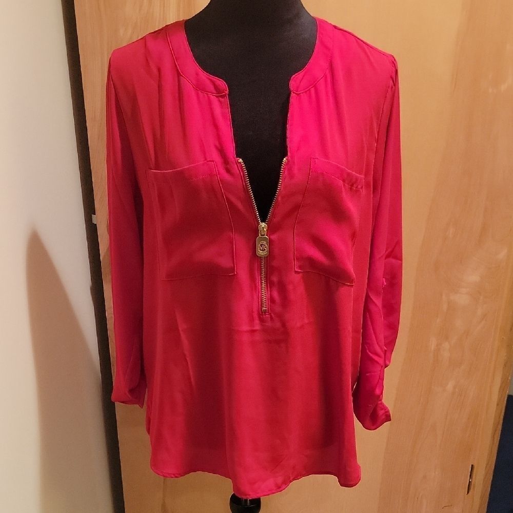 Michael Kors Vibrant Red Blouse with Gold Accents